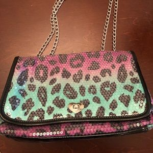 Betsey Johnson Sequin Cheetah Print Flap Bag Purse Chain Strap Ombre Multicolor